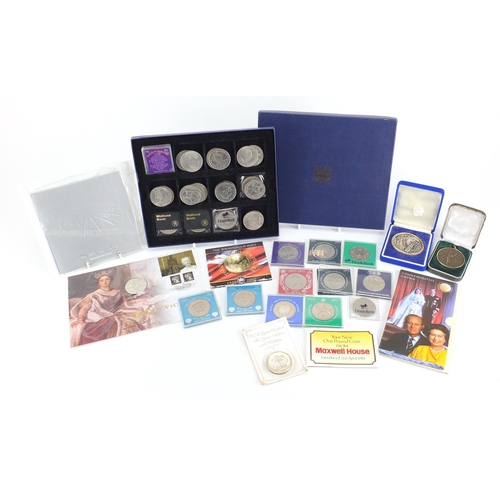 610 - Large selection of commemorative crowns and two golf medallions