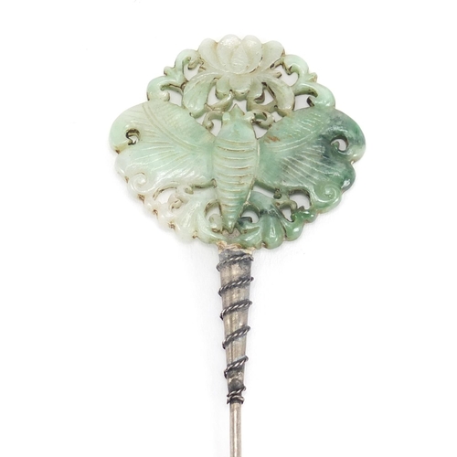 674 - Chinese jade and silver coloured metal hat pin, carved with a moth, 17.5cm in length