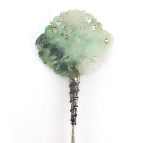 674 - Chinese jade and silver coloured metal hat pin, carved with a moth, 17.5cm in length