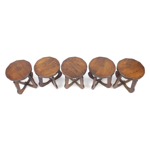 30 - Five oak stools, 41cm high x 35cm in diameter