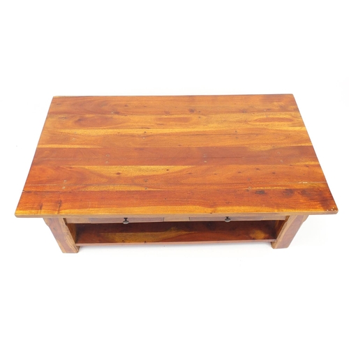 33 - Mexican pine coffee table with two drawers and under tier, 48cm H x 135cm W x 77cm D