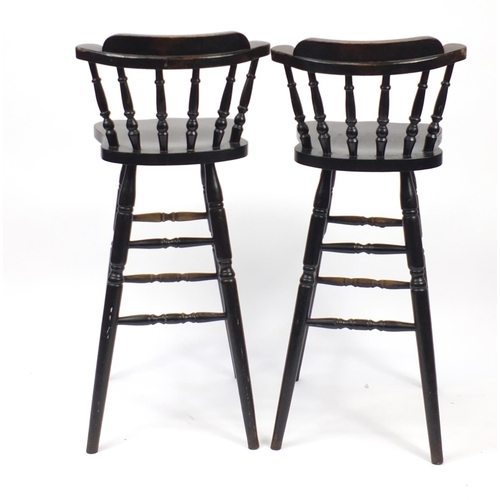 54 - Pair of stained beech breakfast bar stools, 104cm high