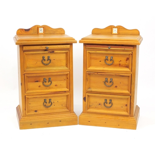 35 - Pair of pine three drawer bedside chests with brush in slides, 84cm H x 50cm W x 38cm D