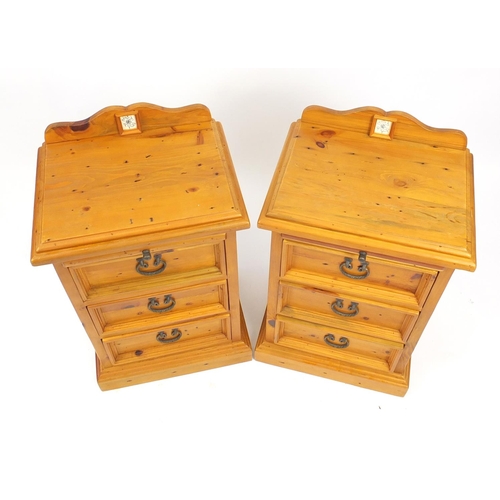 35 - Pair of pine three drawer bedside chests with brush in slides, 84cm H x 50cm W x 38cm D