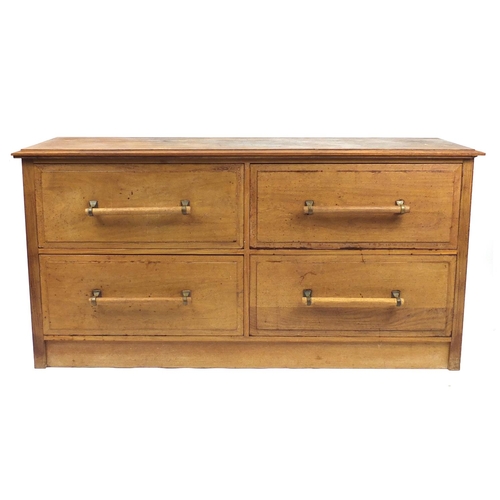 9 - Large hard wood shop four drawer chest with pole and brass mounted handles, 92cm H x 182cm W x 61cm ... 