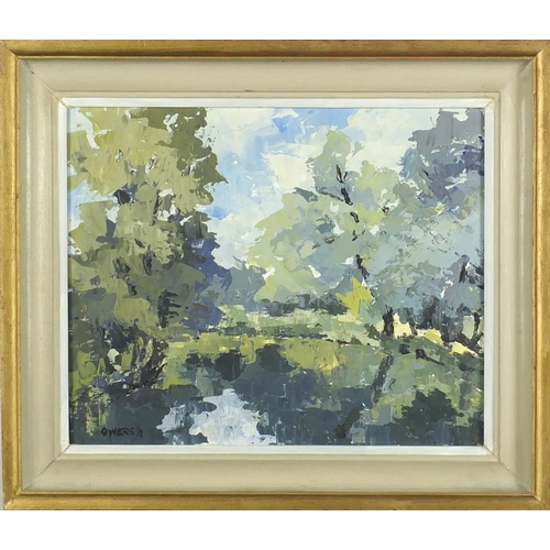 2363 - Eileen Owers - Harlow Lock, oil on board, labels verso, mounted and framed, 35.5cm x 29cm