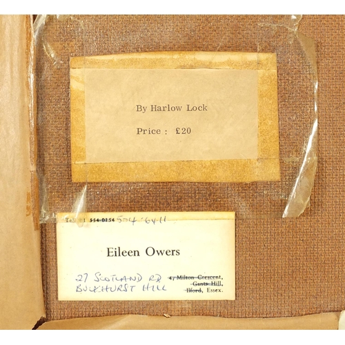 2363 - Eileen Owers - Harlow Lock, oil on board, labels verso, mounted and framed, 35.5cm x 29cm