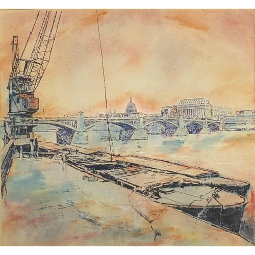 41 - Moored boats on the River Thames, watercolour, bearing a signature, possibly Hotbauer, 55cm x 51cm s... 