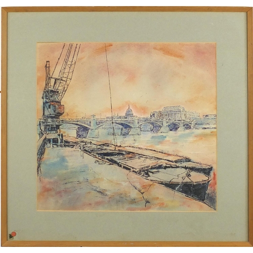 41 - Moored boats on the River Thames, watercolour, bearing a signature, possibly Hotbauer, 55cm x 51cm s... 