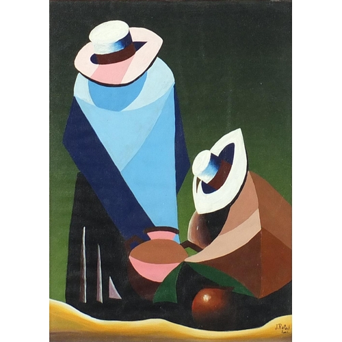 349 - Abstract composition, Mexican figures, bearing a signature J Rafad, framed, 39cm x 29cm