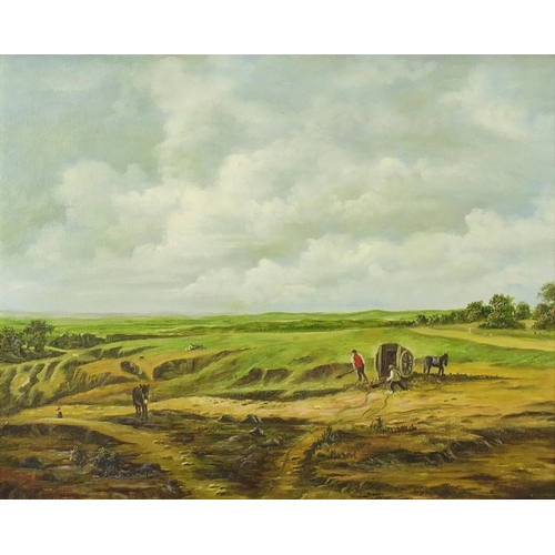 42 - Farmers and workhorses before an extensive landscape, oil on canvas, framed, 50cm x 40cm