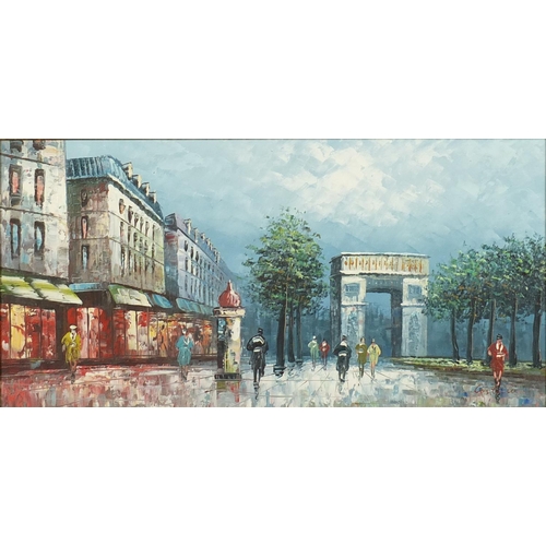 44 - Parisian street scene, oil on canvas, bearing a signature Costello, framed, 59cm x 29cm