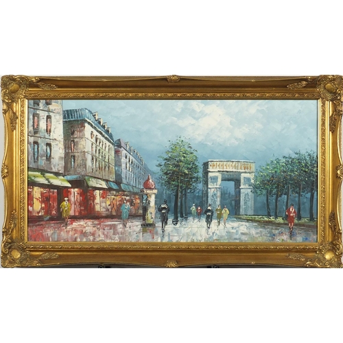 44 - Parisian street scene, oil on canvas, bearing a signature Costello, framed, 59cm x 29cm
