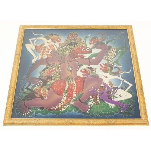 371 - Balinese mythical figures on fabric, framed, 97cm x 82cm