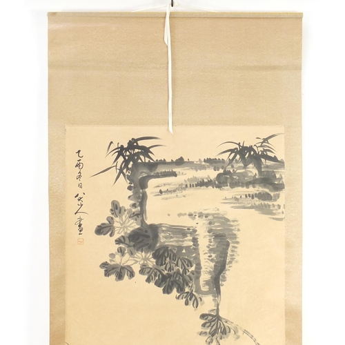 807 - Chinese wall hanging scroll hand painted with a bird in a landscape, 137cm x 70cm