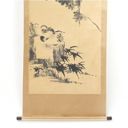 807 - Chinese wall hanging scroll hand painted with a bird in a landscape, 137cm x 70cm