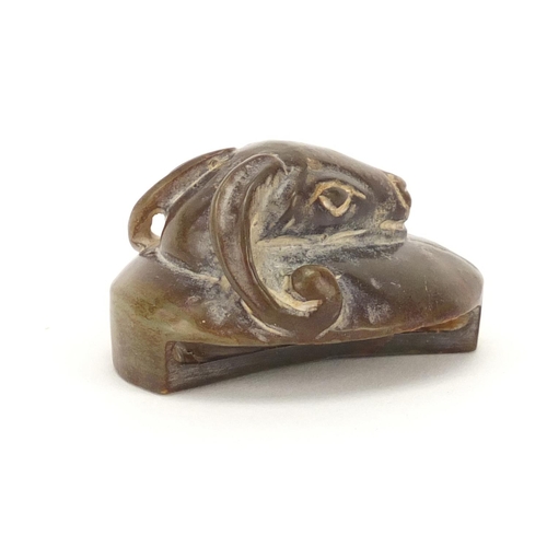 710 - Chinese carved jade ram head buckle, 5.5cm in length