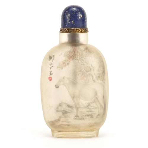 662 - Chinese glass snuff bottle, internally hand painted with a horse under a tree, 10cm high