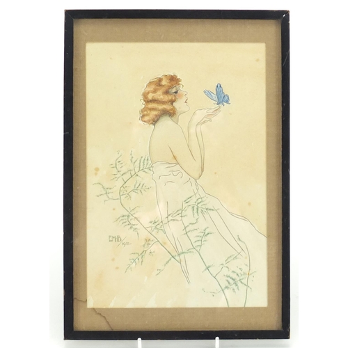 736 - Semi nude female with a butterfly, watercolour, bearing a monogram EMB 1921, mounted and framed, 25c... 