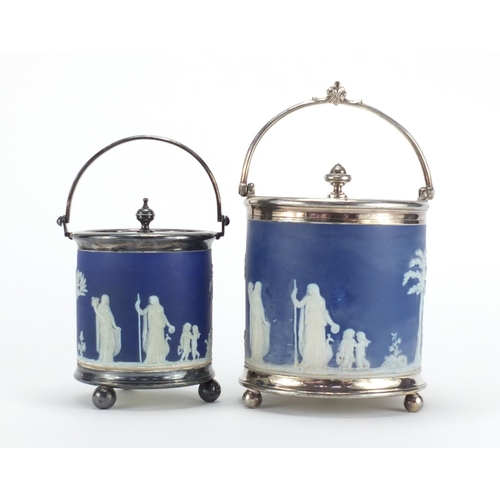 2385 - Two Wedgwood Jasper Ware biscuit barrels with silver plated mounts and swing handles, the largest 18... 