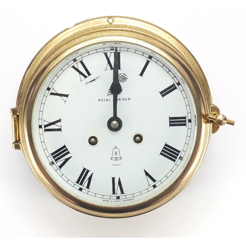 2254 - Schatz Royal Mariner brass ships bulk head clock, with eight day movement, 17cm in diameter