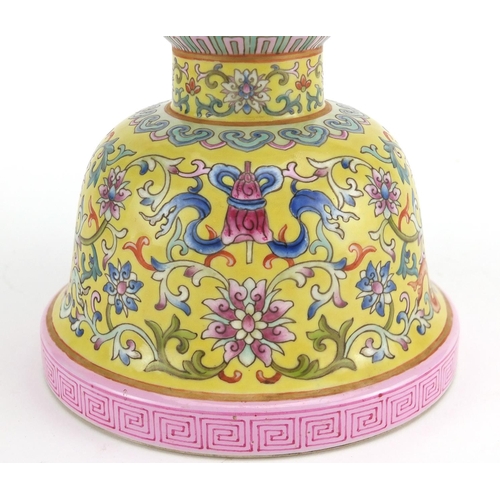 179 - Chinese porcelain two section Gu vase, hand painted in the famille rose palette with daoist emblems ... 