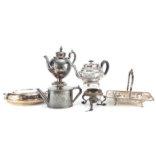 2422 - Silver plate comprising three teapots, a basket with swing handle and entrée dish with cover