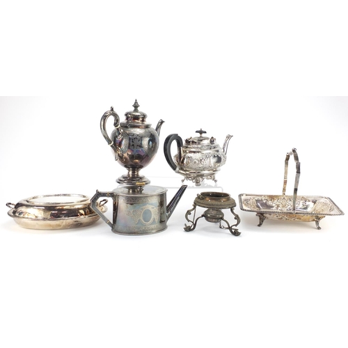 2422 - Silver plate comprising three teapots, a basket with swing handle and entrée dish with cover