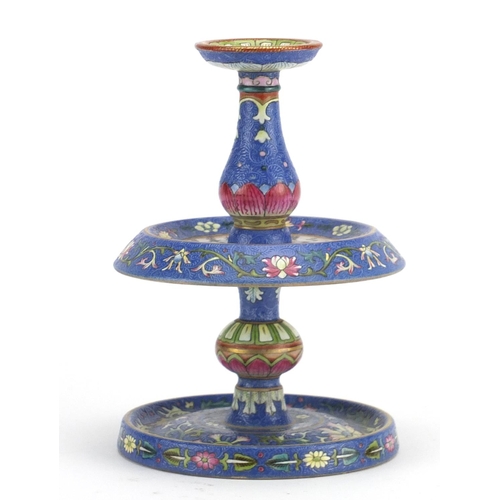 188 - Good Chinese blue ground porcelain candlestick, finely hand painted in the famille rose palette with... 