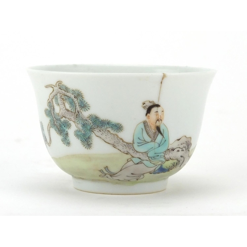 191 - Chinese porcelain tea bowl, finely hand painted with a figure beside a pine tree and a crane, blue r... 