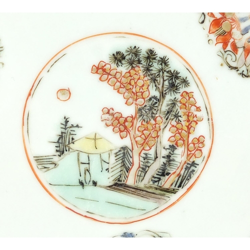 192 - Pair of Chinese porcelain plates, each hand painted with a central roundel enclosing a landscape wit... 