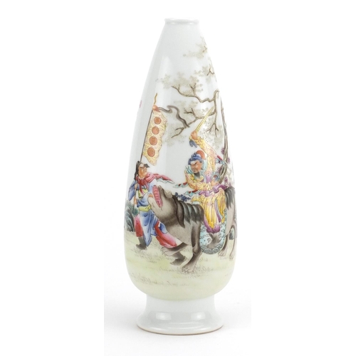 199 - Chinese porcelain footed vase, finely hand painted in the famille rose palette with a warrior on hor... 