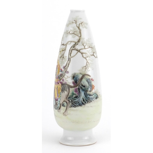 199 - Chinese porcelain footed vase, finely hand painted in the famille rose palette with a warrior on hor... 