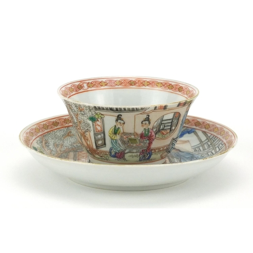 216 - Chinese porcelain tea cup and saucer, finely hand painted in the famille rose palette with figures i... 