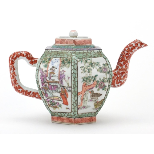 218 - Chinese porcelain hexagonal teapot, hand painted in the famille rose palette with panels of figures,... 