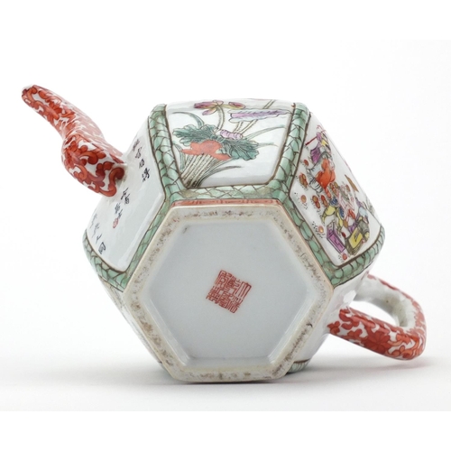 218 - Chinese porcelain hexagonal teapot, hand painted in the famille rose palette with panels of figures,... 