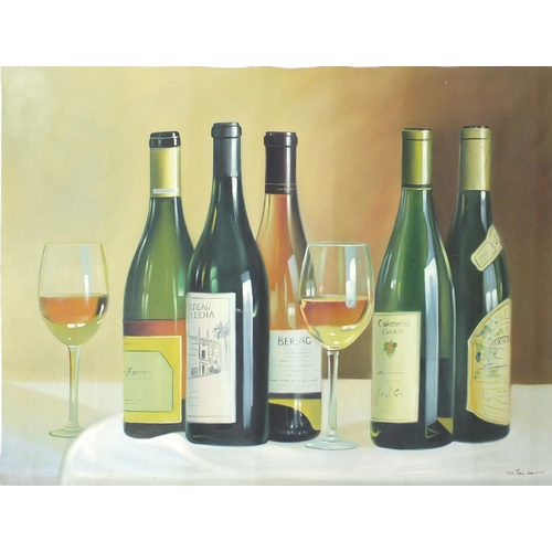 707 - Wine bottles and glasses, oil on canvas, with adjustable protective case, unframed, 130cm x 98cm