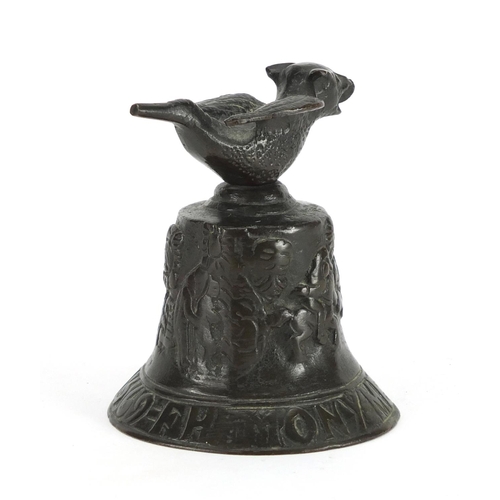 268 - Bronze bell with mythical animal handle, 10cm high