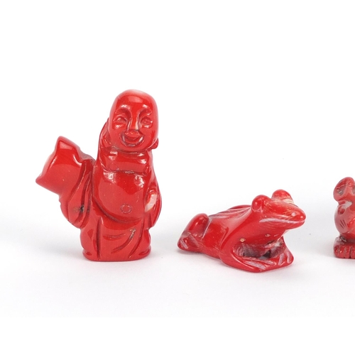 672 - Three Chinese carved coral and hardstone animals and Buddha, the largest 6cm in length