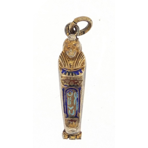 397 - Egyptian Revival 800 grade silver and enamel Tutankhamun pendant, opening to reveal an enamelled mum... 