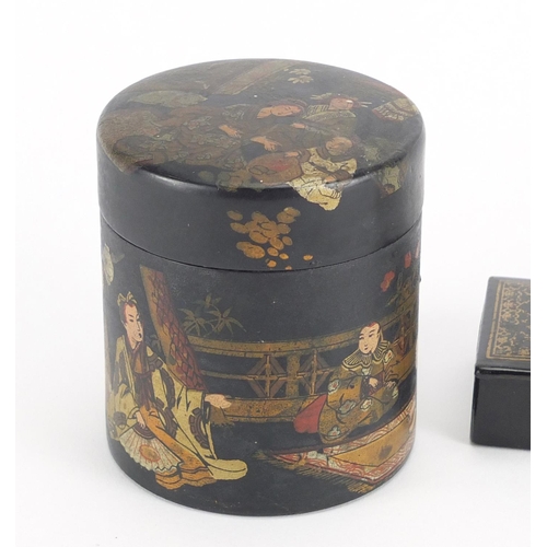 649 - Objects comprising a Chinese lacquered cylindrical box and cover, a papier-mâché snuff box and Chine... 