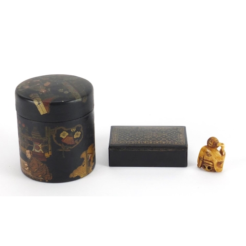 649 - Objects comprising a Chinese lacquered cylindrical box and cover, a papier-mâché snuff box and Chine... 