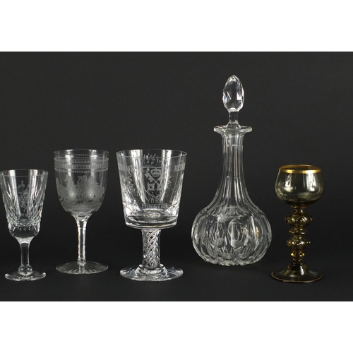 480 - Crystal and glassware including Stuart York Minster commemorative goblet, vinegar bottle with silver... 