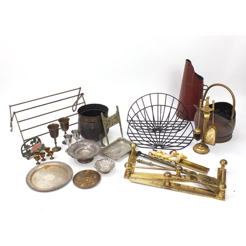 890 - Metalwares including brass fender, fire tools and silver plate