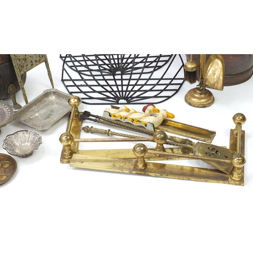 890 - Metalwares including brass fender, fire tools and silver plate