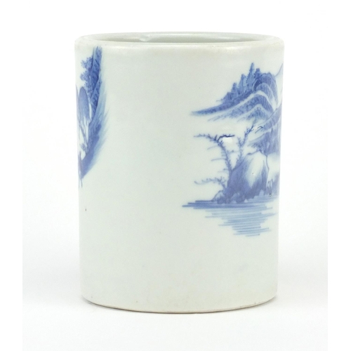 238 - Chinese blue and white porcelain cylindrical brush pot, hand painted with a fisherman in a continuou... 