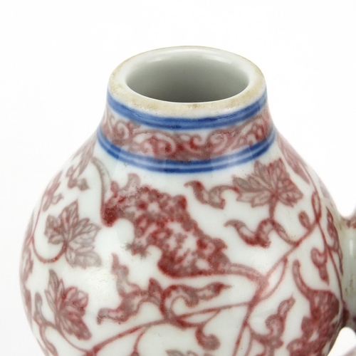 257 - Chinese porcelain iron red twin double gourd vase, hand painted with bats and gourds amongst foliage... 