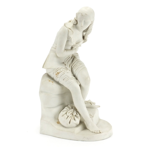 420 - Victorian parian figure of a lady seated on a rock after John Bell, 33cm high