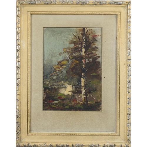 821 - Jan Adam Zandleven - Woodland, oil, label verso, mounted and framed, 18.5cm x 13cm (PROVENANCE: Ex p... 