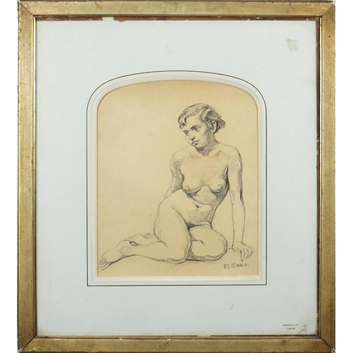 823 - Seated nude young female, pencil and charcoal, bearing an indistinct signature R...st Ara?, mounted ... 